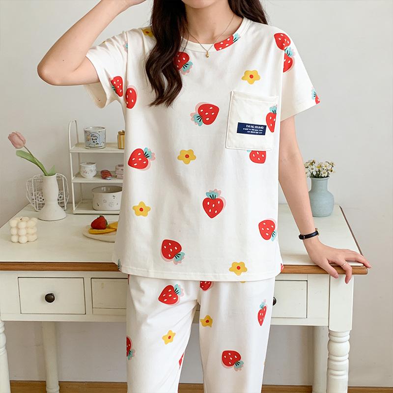 Summer Sweet Women's Pajamas Small Fresh Flowers Strawberry Short-sleeved Trousers Set Loose and Can Be Worn Outside Loungewear