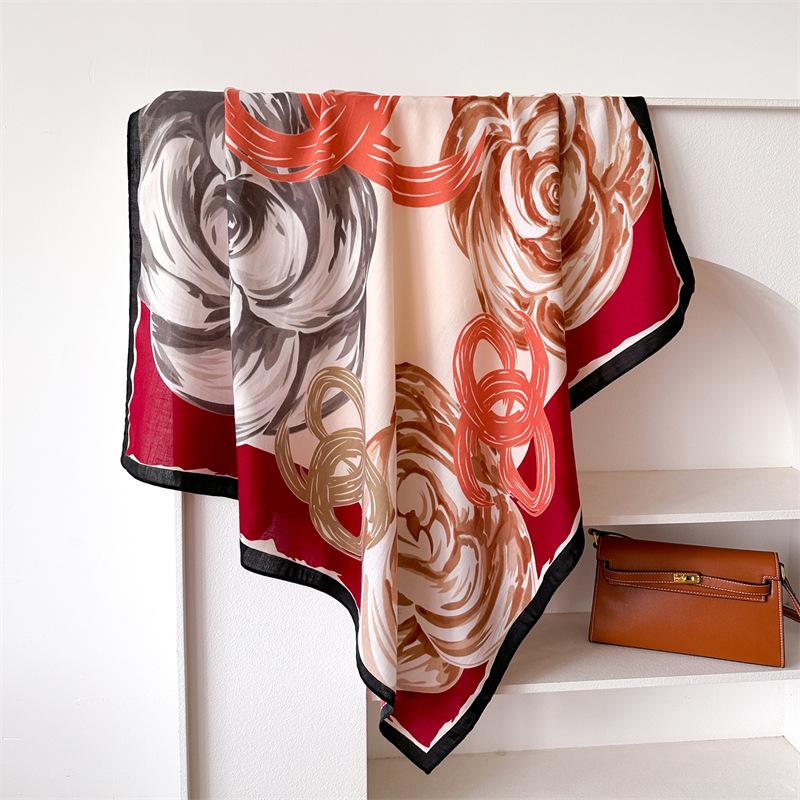 

Flower 90 Imitation Silk Large Square Scarf Retro Large Printing Shawl Temperament Versatile Herringbone Scarf Headscarf Women 90x90cm