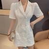 V-neck Design Suit Dress Women's Summer New Korean Version of Bubble Sleeves Waist Thin Double-breasted Temperament Skirt