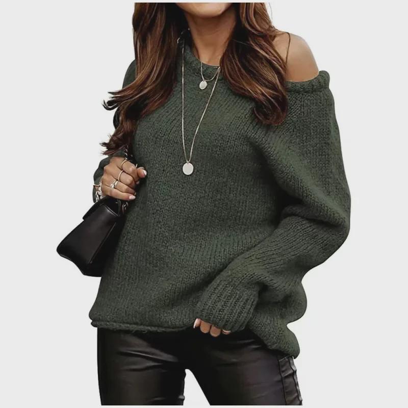 Off-Shoulder Sexy Round Neck Knit Pullover: Solid Color Casual Loose Plus Size Women's Sweater - Autumn/Winter Collection