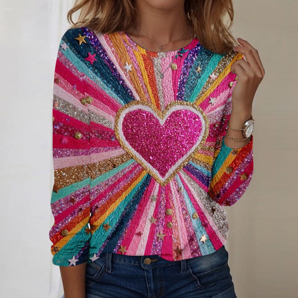 Damski casualowy top z długim rękawem, z nadrukiem walentynkowym, z okrągłym dekoltem