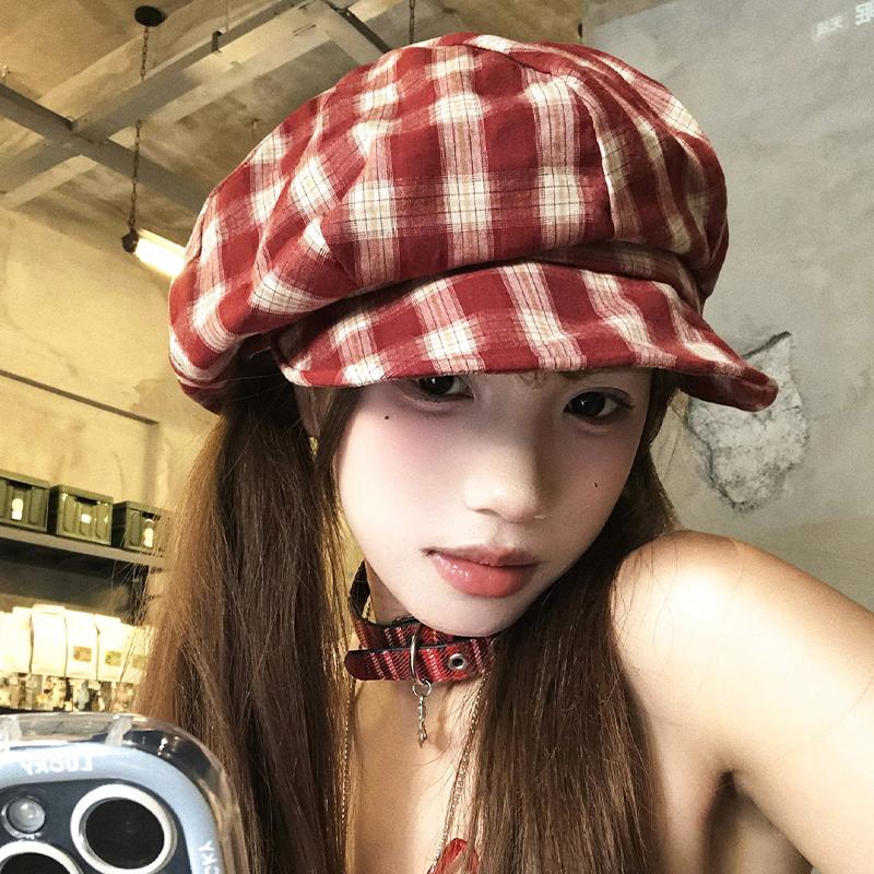 Korean Retro Plaid Beret Hat For Women Y2K Contrast Color Checked Beanie Cap Summer Travel Versatile Face Slimming Hat