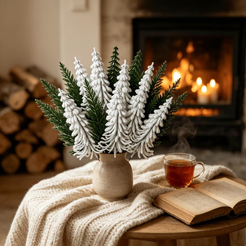 15pcs Set New Style - Artificial Christmas Pine Branch Bouquet | White and Green Flocked Pine Branches, Nordic Winter Holiday Ornament