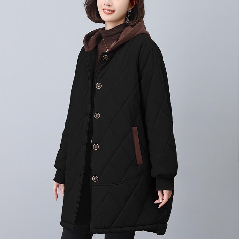 2024 Women's Mid-Length Fleece-Lined Cotton Coat - Plus Size, Loose Fit, Warm Winter Jacket for Middle-Aged Women