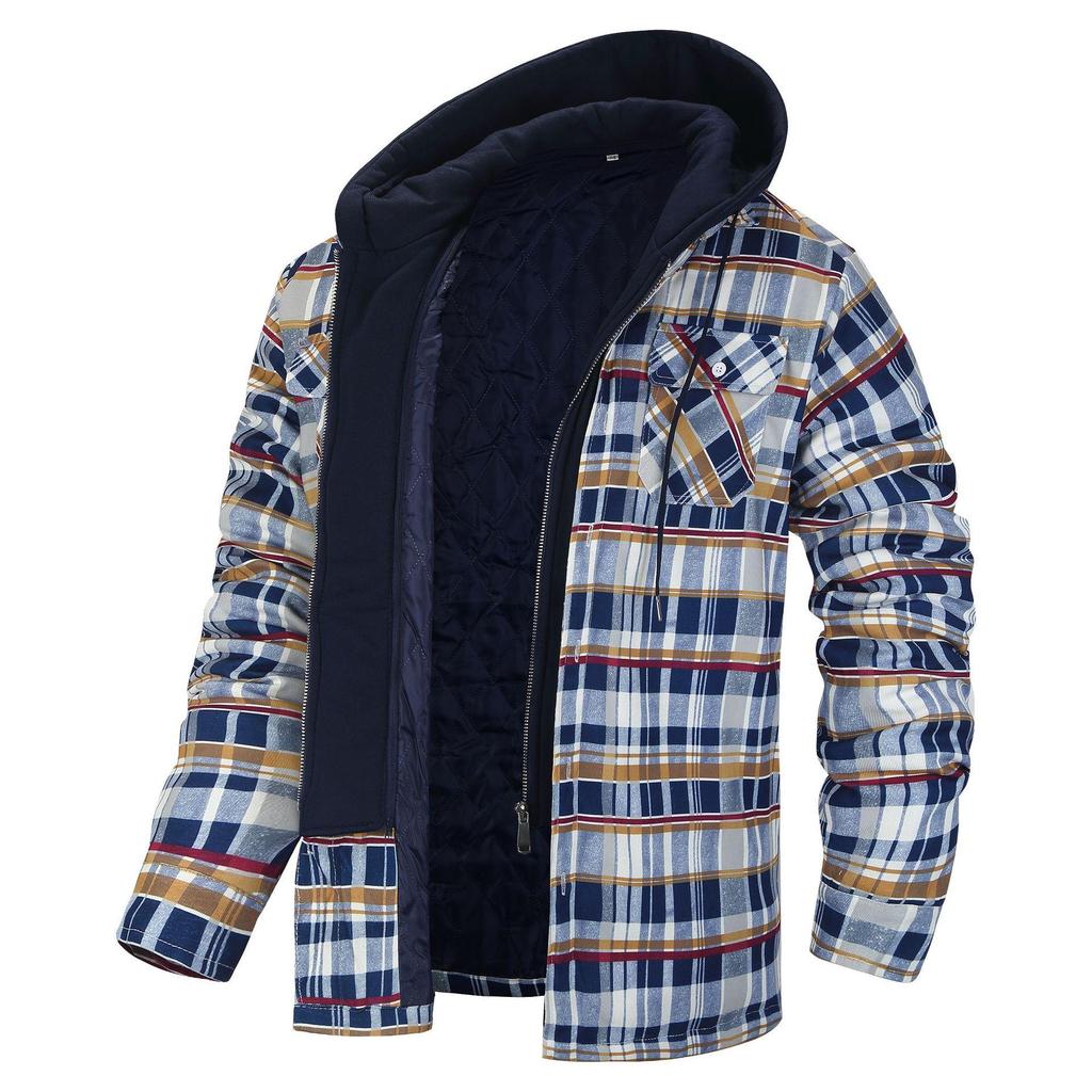 Men's Clothing European and American Autumn and Winter Thickened Cotton-padded Plaid Long-sleeved Loose Hooded Jacket