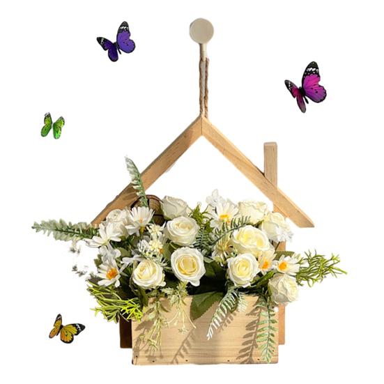 Wood Wall Planter with Artificial Plants, LED Lighted Rustic Farmhouse Wall Decor, Hanging Fake Plants Flowers Holder Vase for Bedroom Living Room