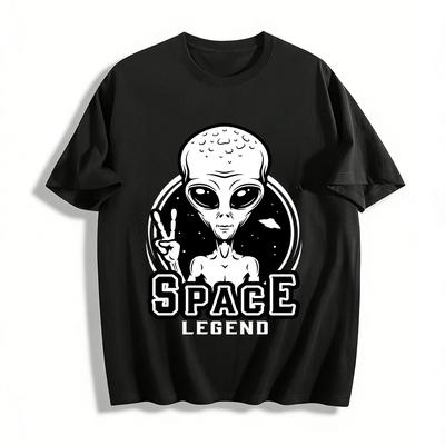 Alien Peace Sign Print T-shirt Space Theme Casual Tee For Men Women Pure Cotton T-shirt