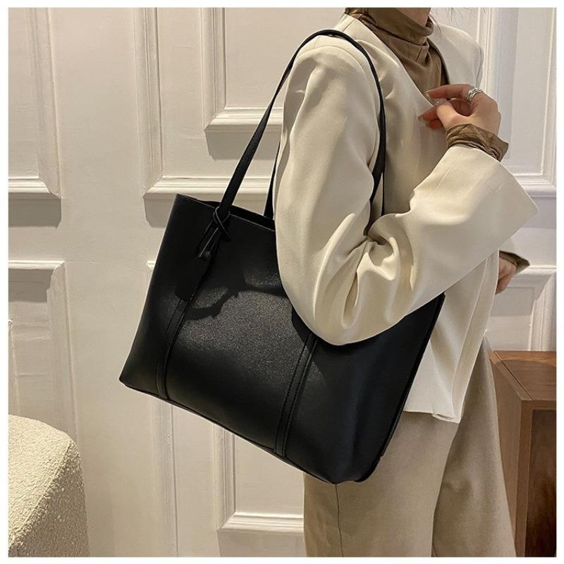 Simple Solid Color Large Capacity Tote Bag Casual Soft Leather Shoulder Bag for Women