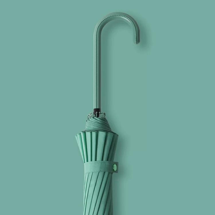 16-Rib Umbrella with Japanese-Style Fresh Design, Leather Handle, Curved Hook, Straight Pole, Large Double-Person Umbrella for Sun and Rain, Gift or