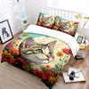 3PCS Cat with vibrant flower field Pattern Duvet Cover Set Digital Print Polyester Bedding with Zipper Closur for kids gifts