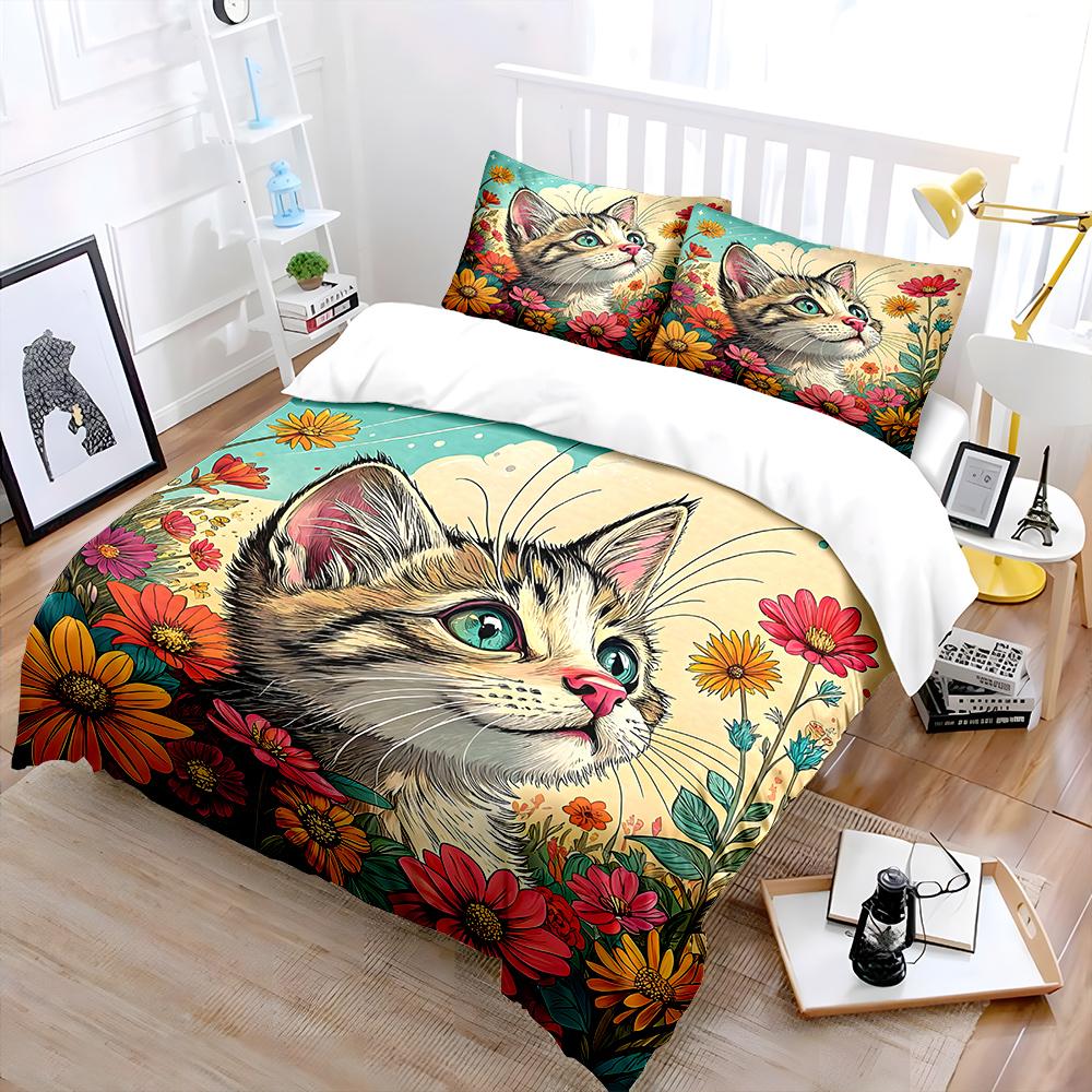 3PCS Cat with vibrant flower field Pattern Duvet Cover Set Digital Print Polyester Bedding with Zipper Closur for kids gifts