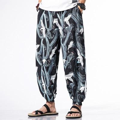 Men Summer Chinese Style Casual Crane Printing Youth Large Size Loose Harem Trousers Ankle Banded Pants
