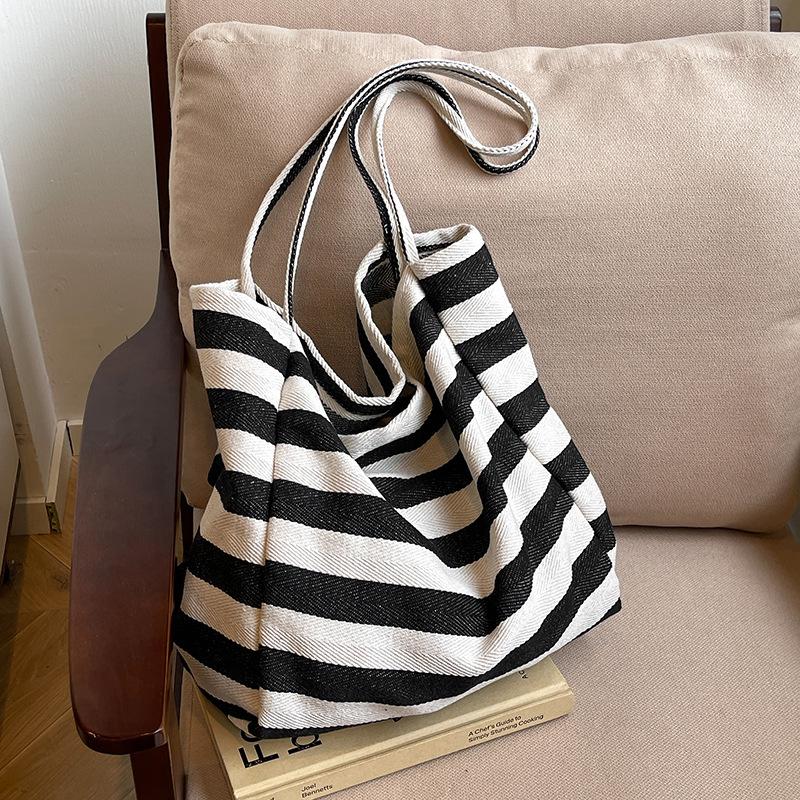 1Pcs Fashion Large Capacity Ladies Tote Handbags Simple Striped Women'S Canvas Casual Shoulder Bags Female Daily Shopping Bags