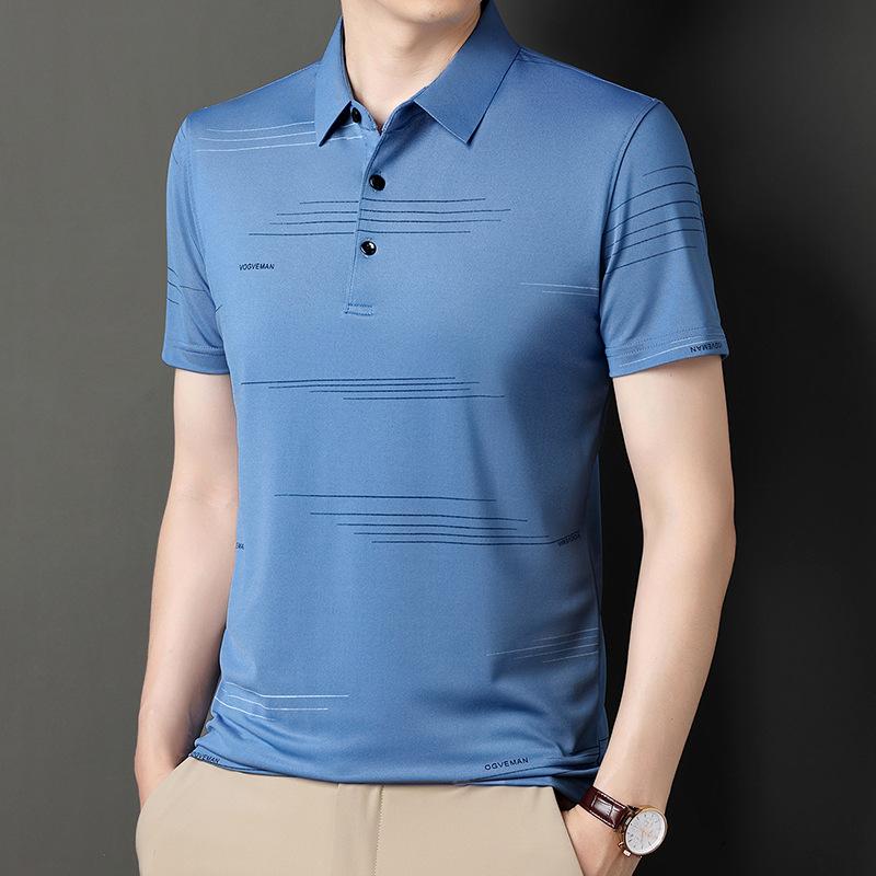 Ice Silk Short-Sleeved T-Shirt Men'S Mid-Lapel Polo Shirt Bottoming Shirt Loose Breathable Jacquard