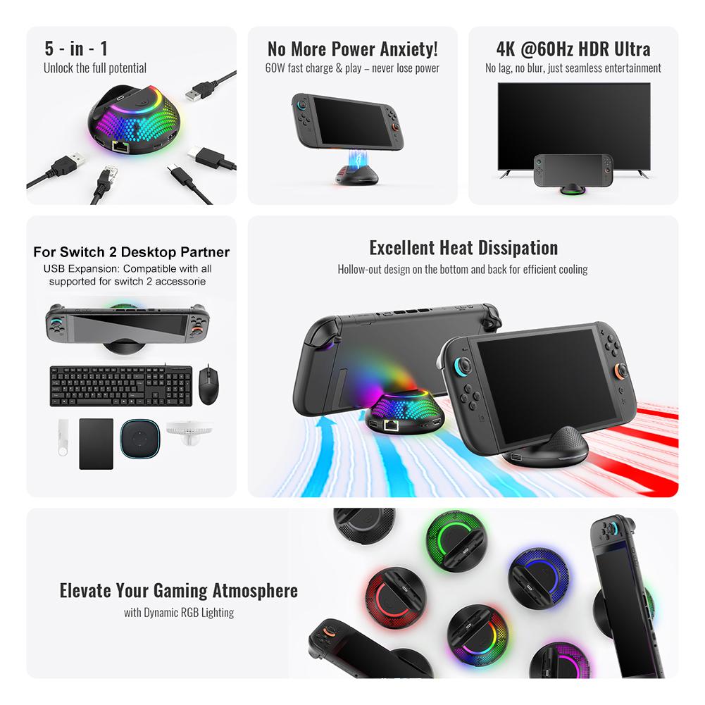 Portable TV Docking Station W/ 4K HDMI-compatible Output/Type C Port/USB Port for Nintendo Switch2 Game Accessories