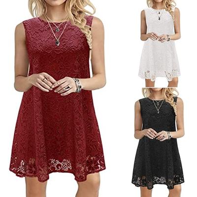 Vestido Midi de Encaje sin Mangas con Cuello Redondo para Mujer