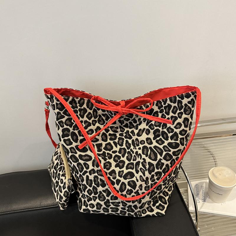 Korean Double Sided Leopard Print Bucket Shoulder Bag , Stylish Leopard Print Handbag for Women, Fashion Bow Large Capacity Crossbody Bag