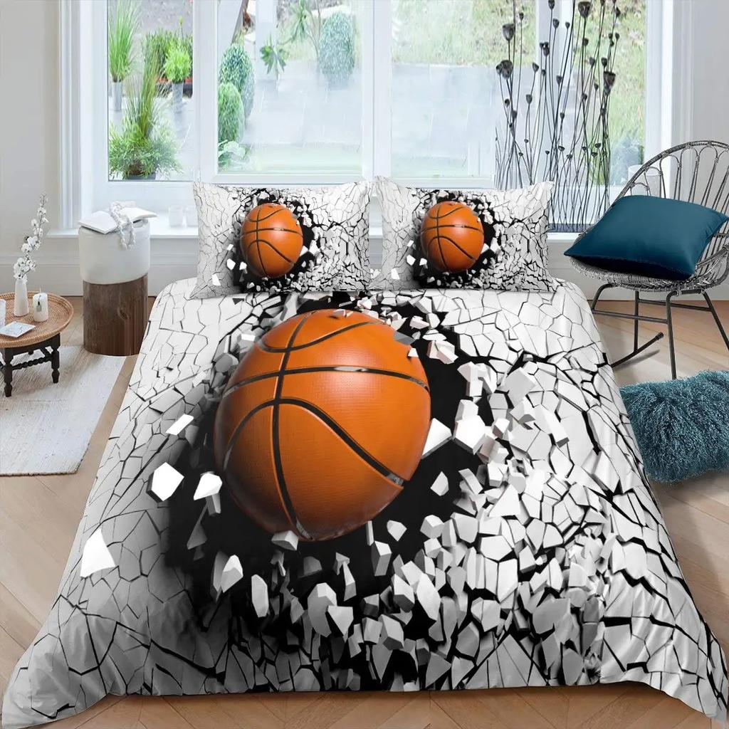 Basketball Duvet Cover Set Black 3D Ball Sports Theme Bedding Set Microfiber Basketball Court Competitive Games King Quilt Cover