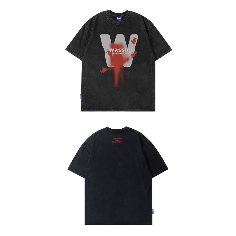 Wassup Heods Trendy Brand Large W Letter Casual Short-Sleeve T-Shirt for Men and Women, Summer American Street Style Versatile Couple Outfit