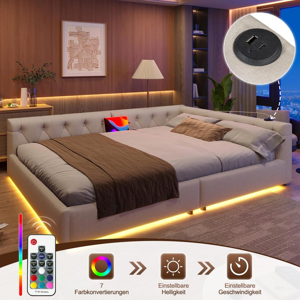 Schlafsofa 140x200 LED-Beleuchtung USB/Type-C Polsterbett Knopftuft-Kopfteil Lattenrost Tagesbett Gästebett Beige