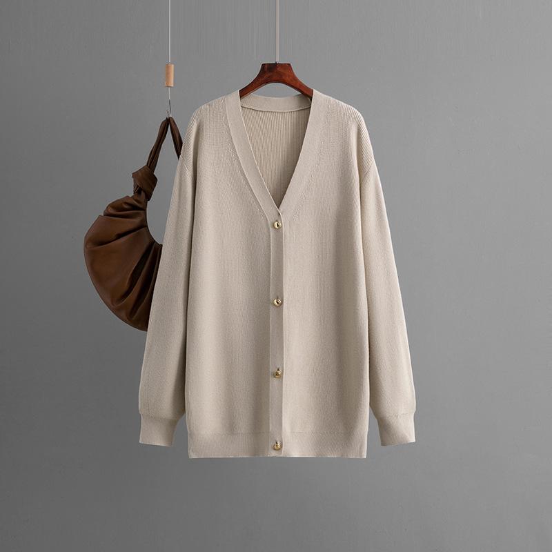 Women's Spring Autumn V-Neck Full Sleeve Single Breasted Loose Solid Color Middle Long Sweater Cardigan
