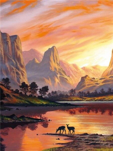 5d Diamond Painting Landscape Mountain Diamond Embroidery Sale Sunset River Rhinestones Mosaic Wall Art