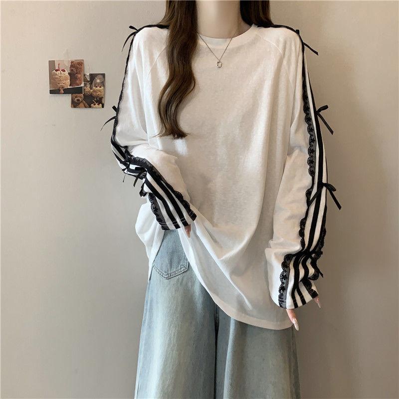 Casual O Neck Long Sleeve T-shirt Lace Patchwork Loose Bow Women Clothing Korea Mid-length Slim Tops