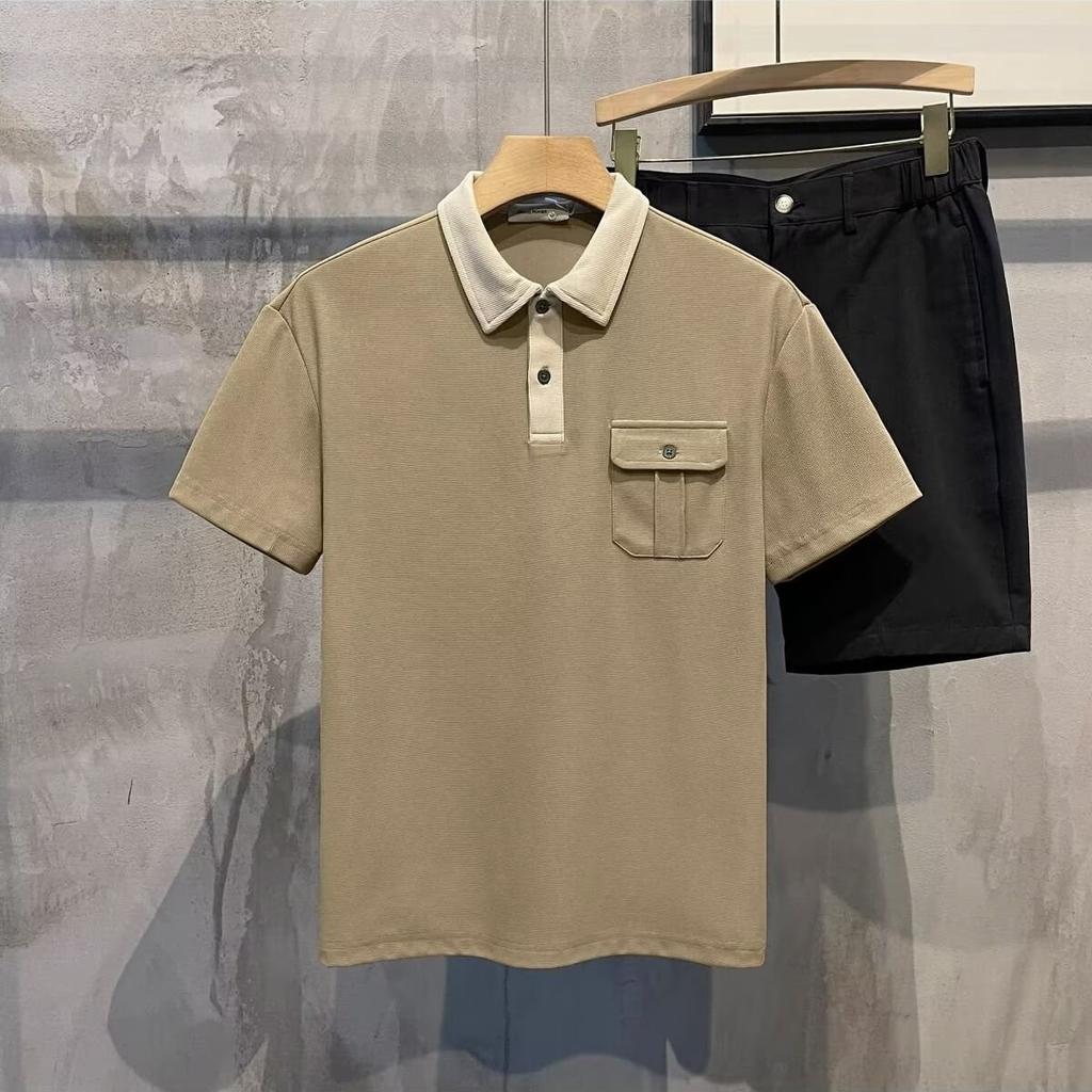 Fashion Contrasting Color Lapel Polo Shirt Short-sleeved Summer Japanese Pocket Loose T-shirt Men