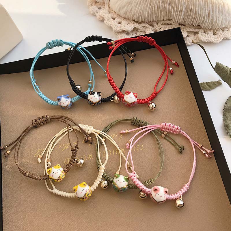 Fashion Cute Ceramic Cat Pendant Bracelet for Women Men Simple Lovers Red Rope Braided Adjustable Bracelet Jewelry Gifts