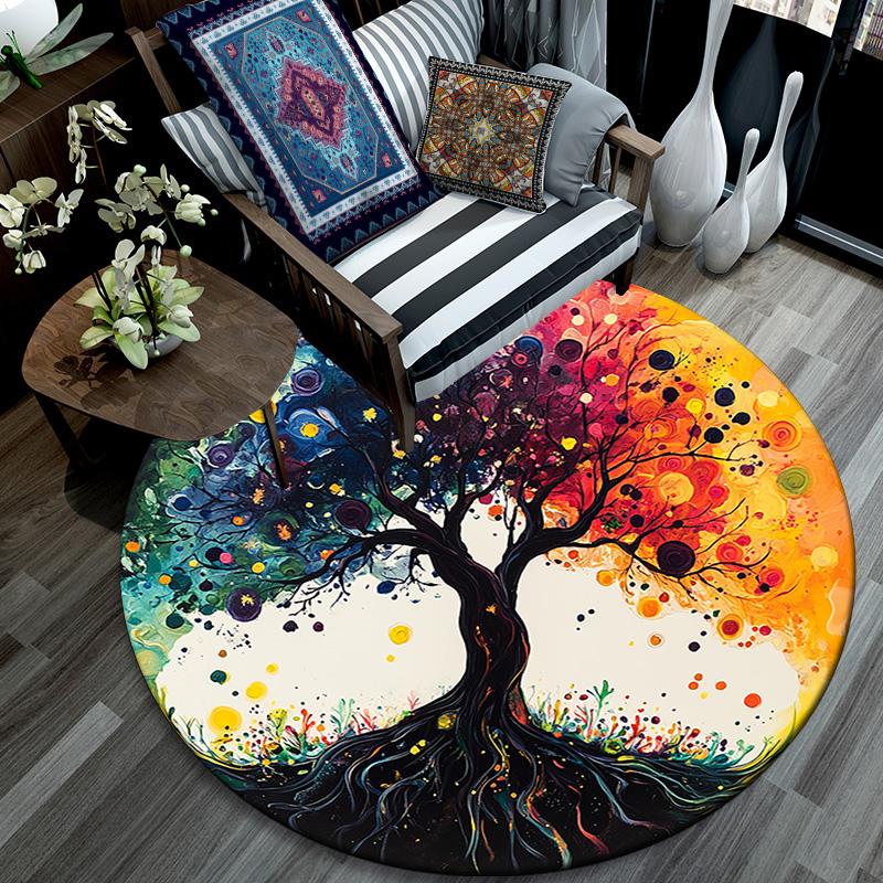Colorful Tree Round Area Rug,Carpet Rug for Living Room Bedroom Sofa Playroom Decor,Non-slip Floor Mat