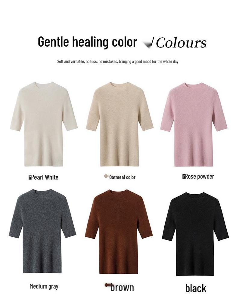 Autumn/Winter Seamless Short-Sleeve Cashmere Knit Sweater with Half-High Collar