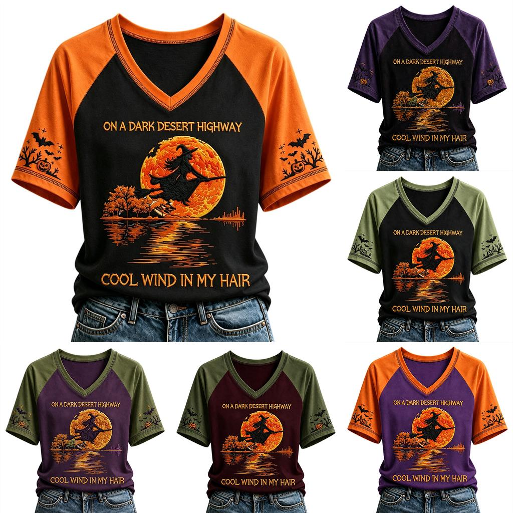 Women's Fashion Casual Halloween Print T-Shirt Neck Pullover Top for Fall Outfits