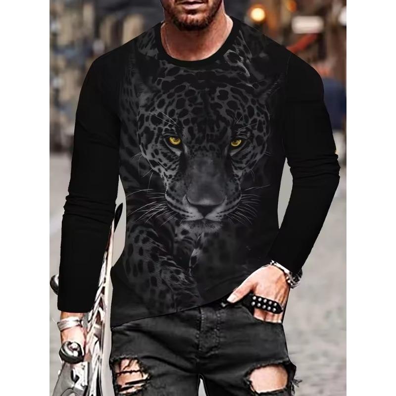 Black and White Tiger 3D Print Men's T-shirt Fashion Long-sleeved T-shirt Casual Round Neck Street Top Loose Pullover Autumn