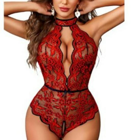 European & American Deep V Lace Print Wire-Free Crotchless Sexy Bodysuit