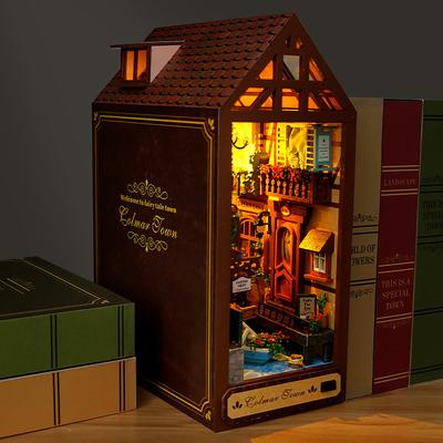 Bookshelf Set Doll House Wooden Lighted DIY Book Nook Kit 3D Puzzle Assembly Building Model Bookends Adult Birthday Gifts