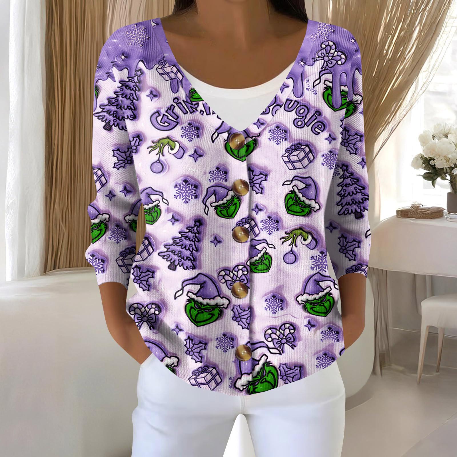 

Женская мода с длинным рукавом, рождественский принт «Снеговик-снежинка», куртка, кардиган M фиолетовый