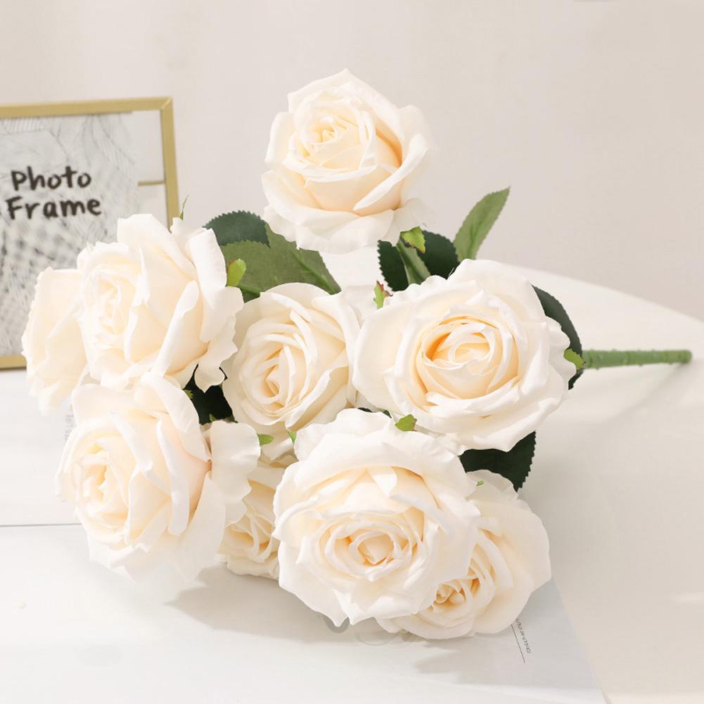 

Artificial Rose Flowers Real Touch Prop with 10Heads for Home Wedding Decoration Party Beige