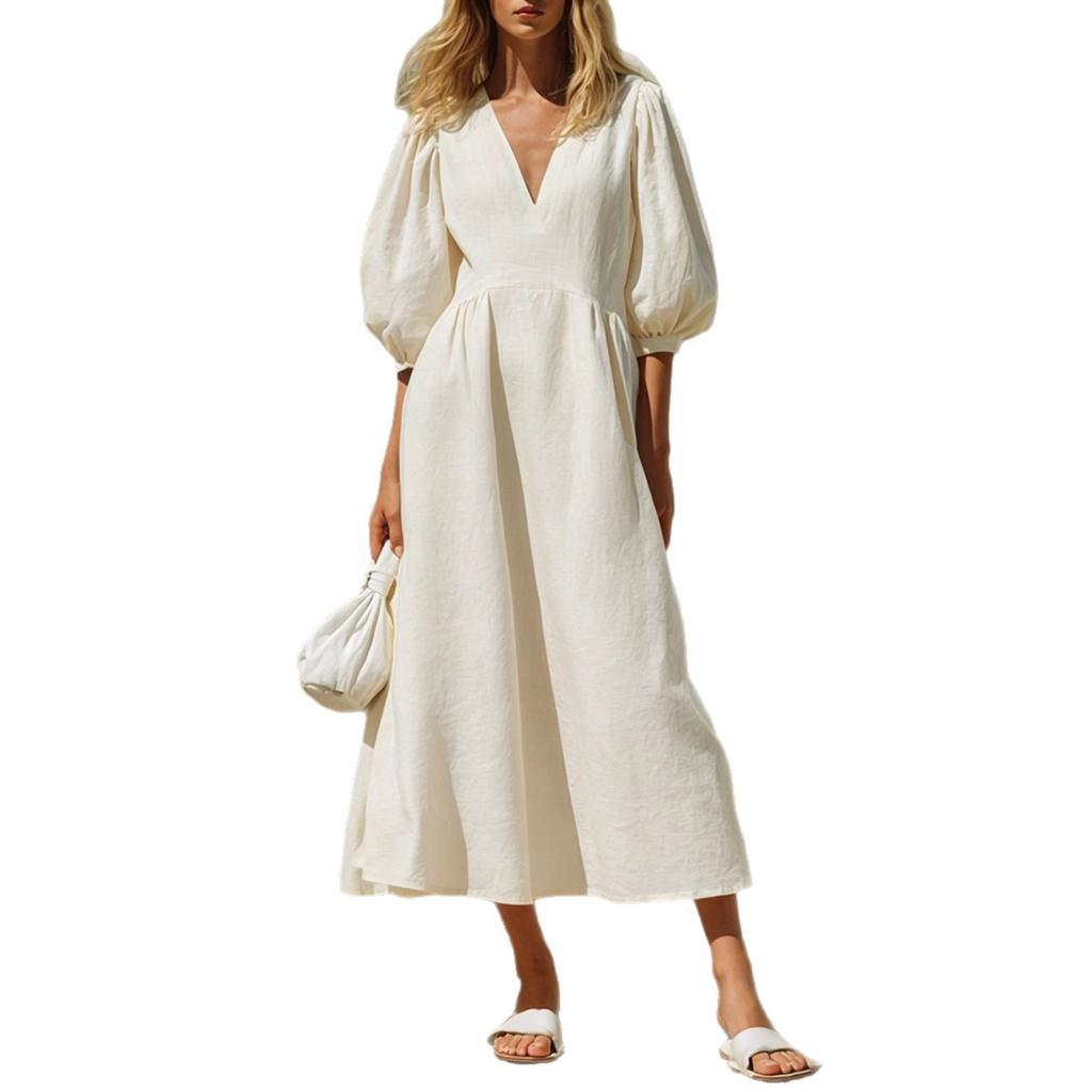 New European and American style cotton and linen dress women's V-neck bubble sleeves waist and thin holiday style medium and long A-shaped skirt