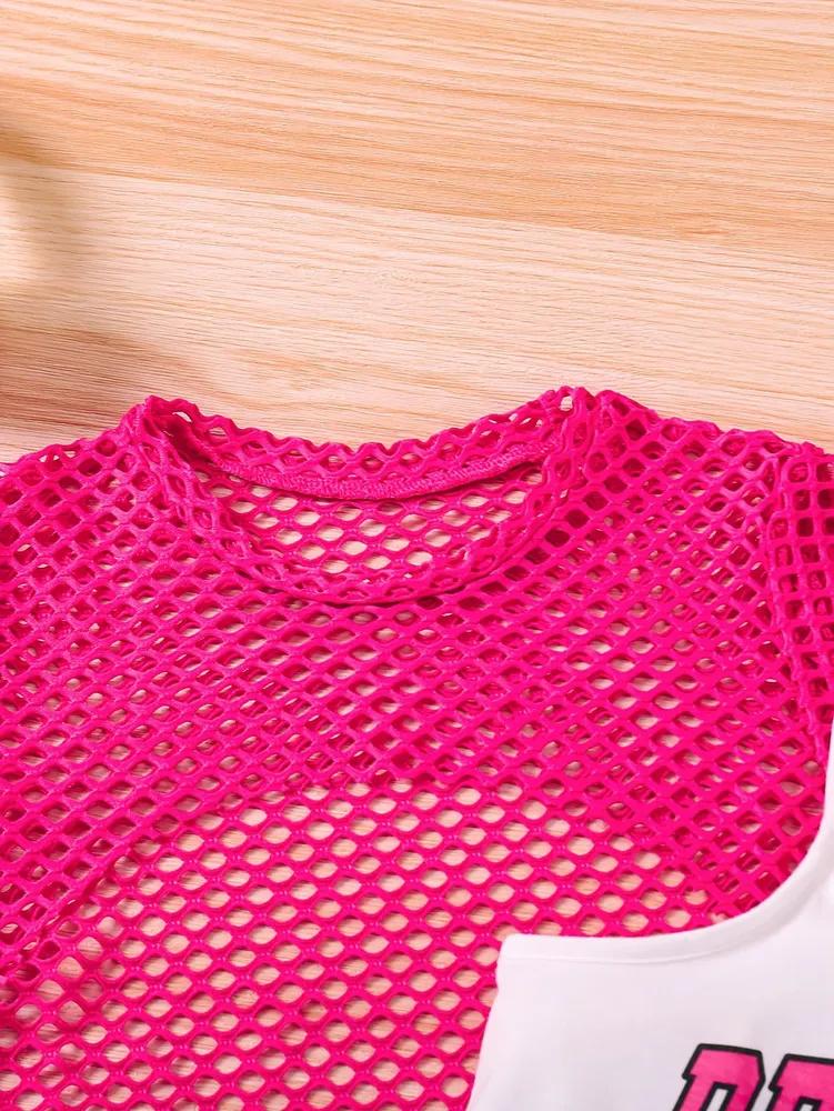 Modisches Dreiteiliges Set für Mädchen Netz-Kurzarmtop mit Buchstabenaufdruck, Camisole und Shorts Sommer-Outfit für Kinder Bequeme Passform