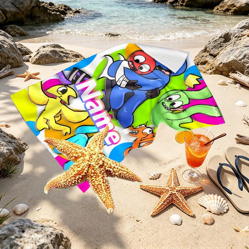 Custom Name Personalized Game Rainbow Friends Print Beach Towel, for Trip Camping Beach Party Home Decor, Birthday Gift for Family & Friends