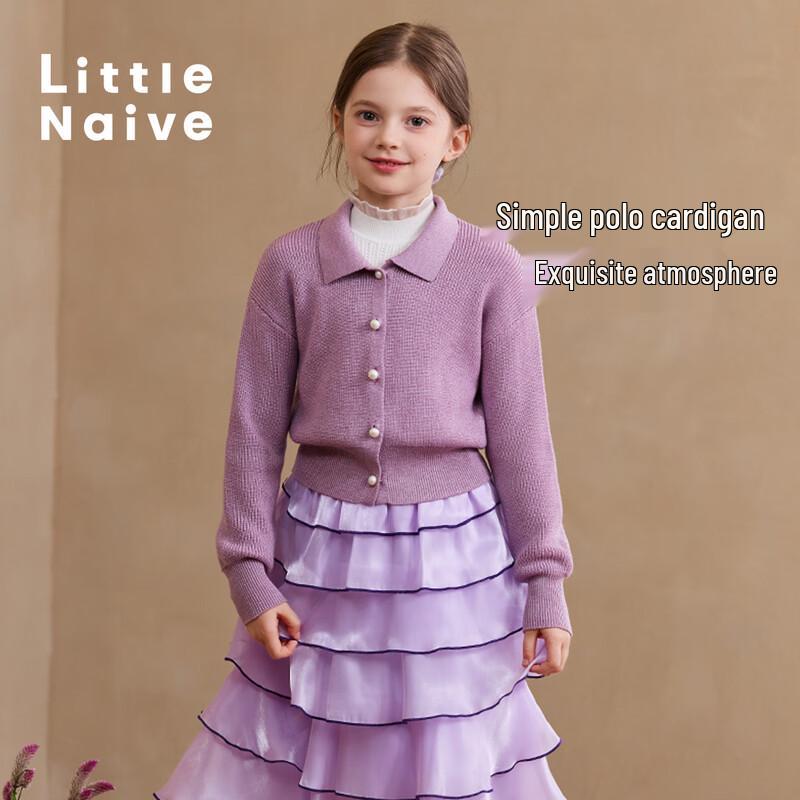 Little Naive Girls  Lapel Embroidered Knit Cardigan 170
