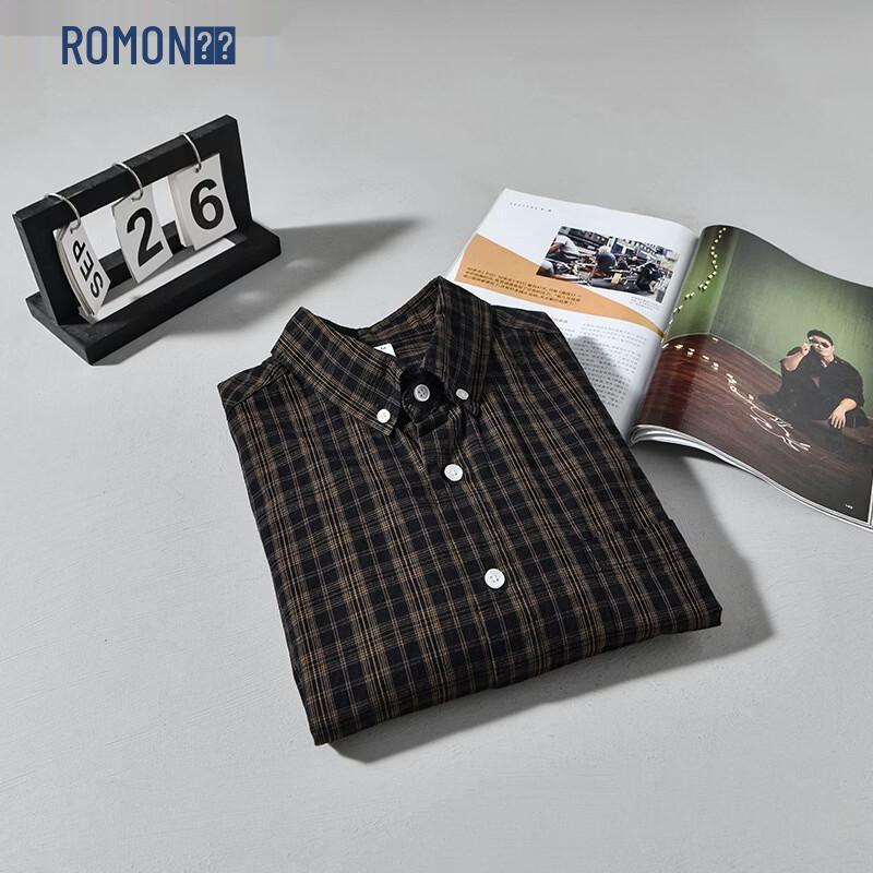 ROMON Men's Japanese Retro Plaid Drop-Shoulder Long-Sleeve Shirt