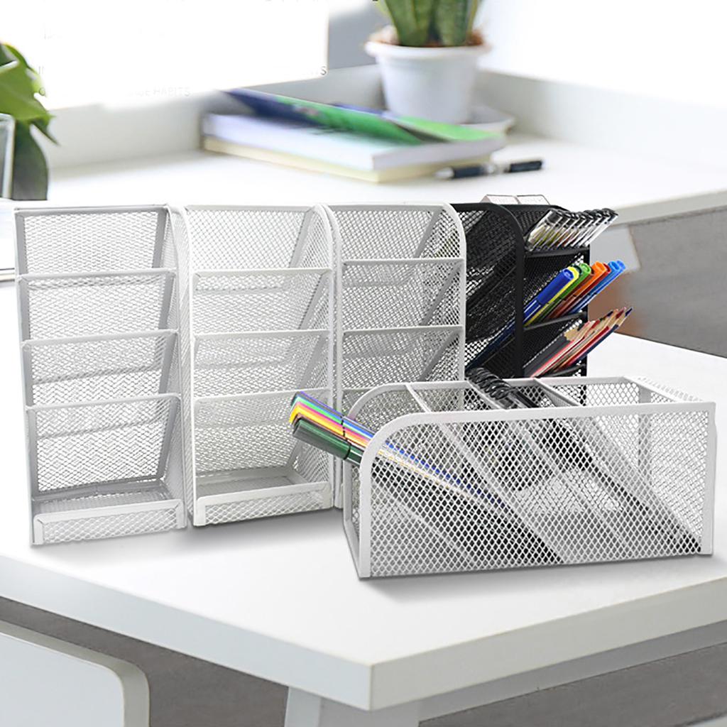 Metal Pen Organizer For Desk Mesh Functional Art Supply Pencil Holder With 5 Compartments For Office Home School Workspace