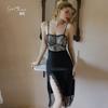 Women's Silky Lace Slit Padded Push Up Cami Sleep Dress Lounge Set