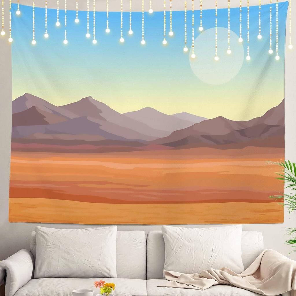Navy Blue Watercolor Mountains Wall Tapestry, Sky Wall Hanging Large Tapestry Decoration Polyester Fiber White Hem Around for