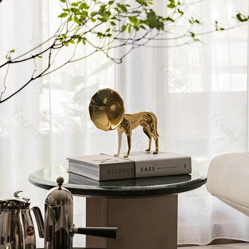 Creative Gold Horn Dog Figurine Decor Light Luxury Modern Bedroom Metal Animal Art Crafts Living Room Decoration Accessories