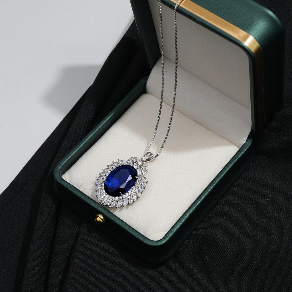 925 Sterling Silver Vintage Full Diamond Blue Zircon Necklace Birthday Party Anniversary Wedding Gift