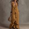 Women Bohemian Long Dress Summer Ruffle Deep V Neck Sleeveless Swing Dress Solid Color Loose Casual Beach Vacation Maxi Dress