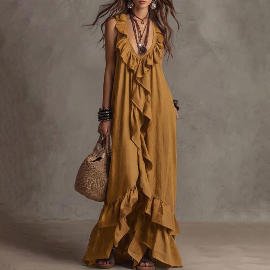 Women Bohemian Long Dress Summer Ruffle Deep V Neck Sleeveless Swing Dress Solid Color Loose Casual Beach Vacation Maxi Dress