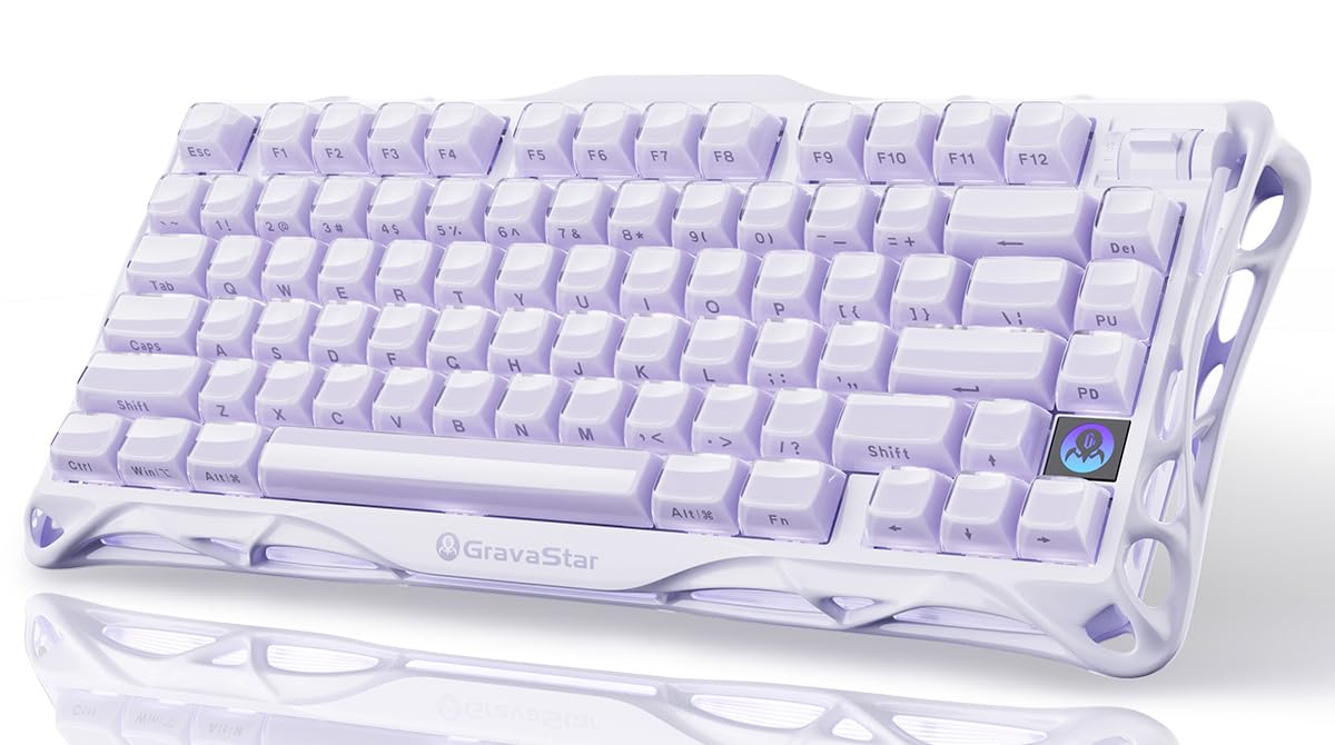 

GravaStar Mercury K1 Cute Purple Gaming Bluetooth Gasket Customizable RGB Engraved Key Aluminum 8000mAh Volume US Layout Mechanical Purple Keyboard, фіолетовий